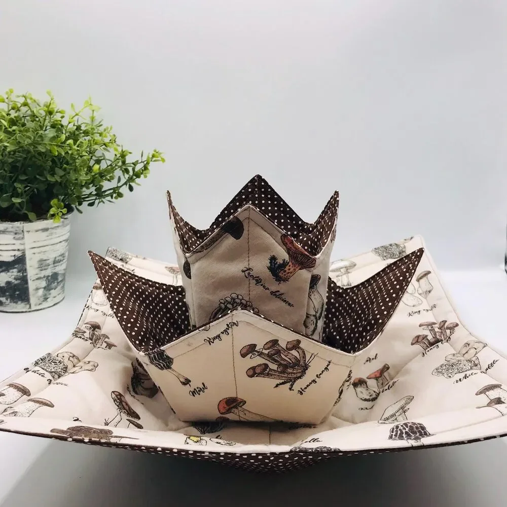 3 Piece Set of Microwave Cozies, Reversible Neutral Mushrooms, Plate, Bowl, Pint